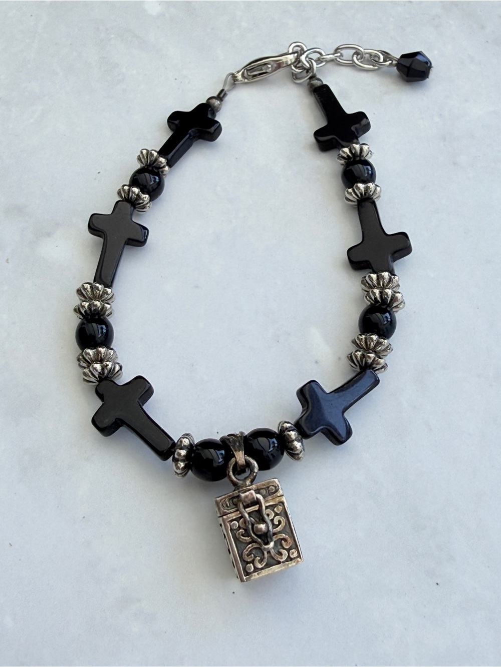 Sterling Silver and Black Onyx Cross Bracelet with Box Charm and Scripture